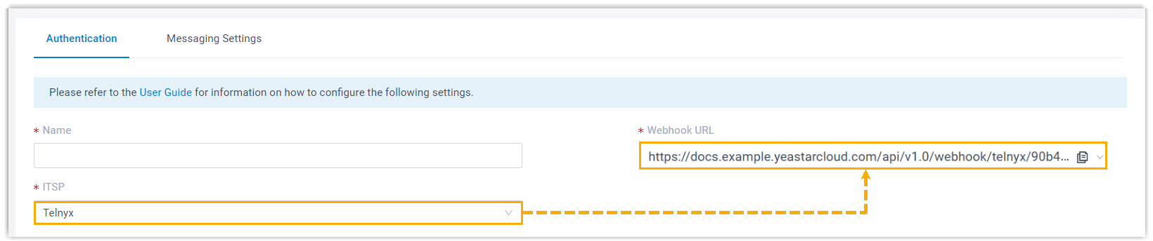 Cloud Voice, Add SMS channel dialog with Telnyx selected and the webhook URL ready to copy