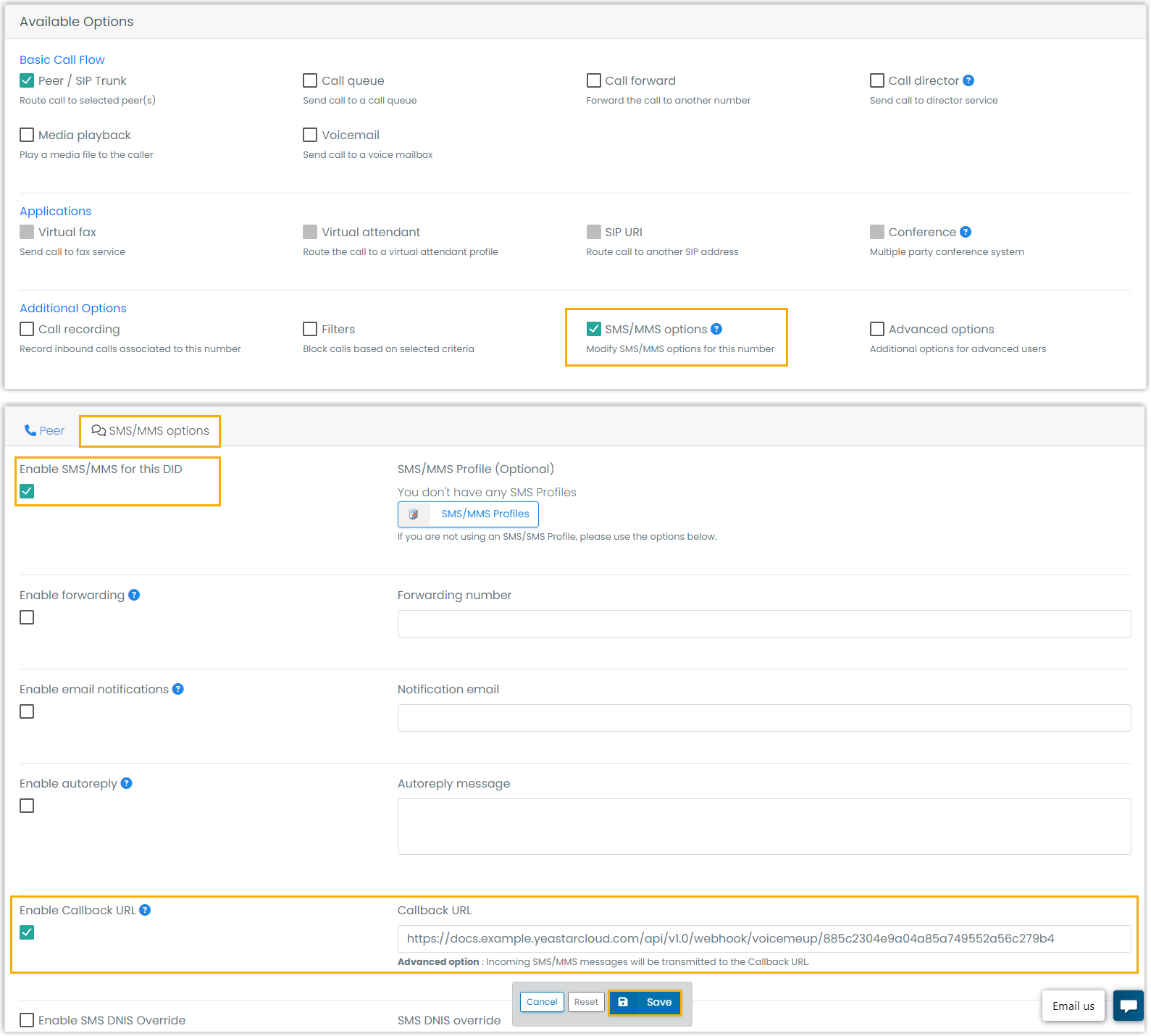 Cloud Voice, a VoiceMeUp DID with SMS/MMS enabled and the PBX webhook set as the callback URL