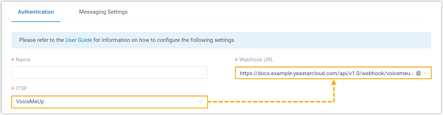 Cloud Voice, the SMS channel dialog with VoiceMeUp selected and the generated webhook URL highlighted
