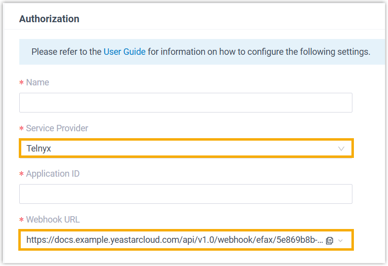 Cloud Voice, the Webhook URL field with Telnyx selected as the service provider