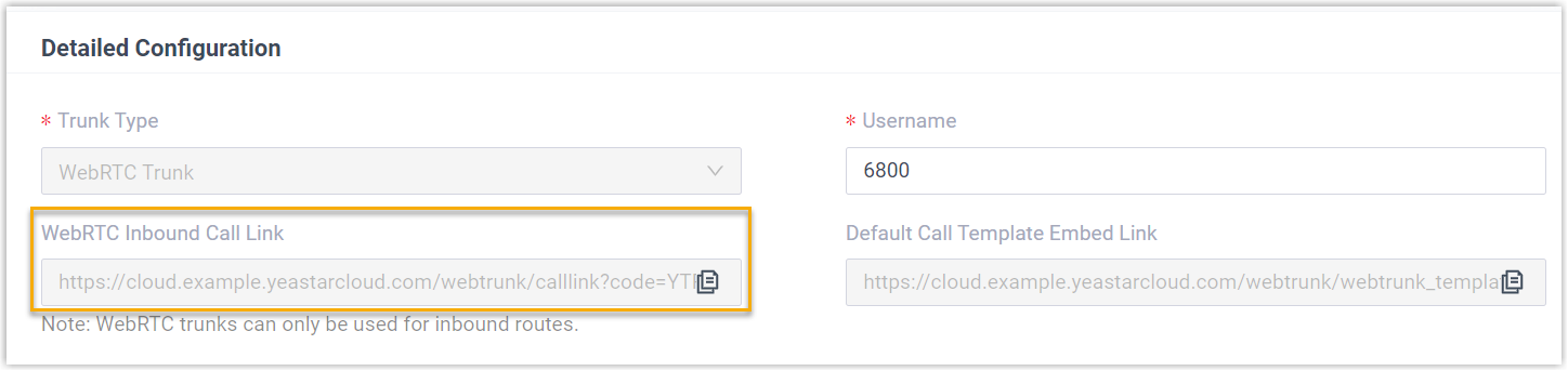 Cloud Voice, WebRTC inbound call link used as a custom button target