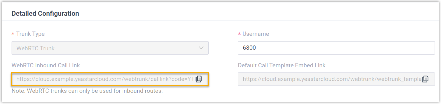 Cloud Voice, trunk detail view with the generated WebRTC inbound call link