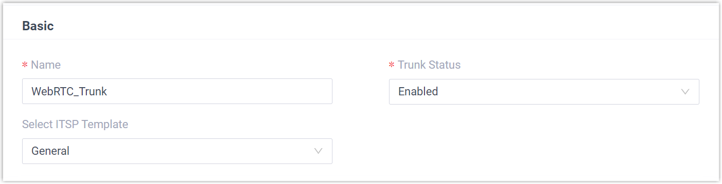WebRTC trunk basic settings with name, status, and template fields