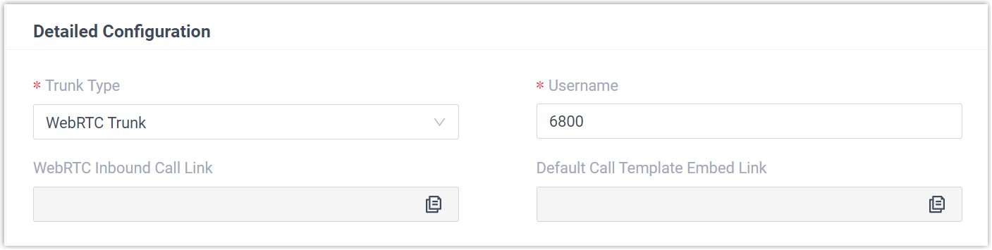 WebRTC trunk detailed configuration showing trunk type and username