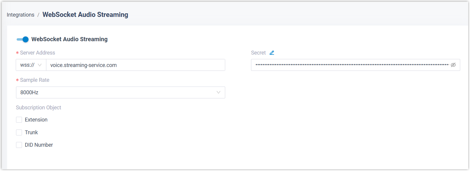 WebSocket Audio Streaming configuration form with server address, secret, sample rate, and subscription object fields