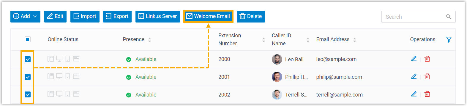 Cloud Voice, extension list with multiple extensions selected and the welcome email action