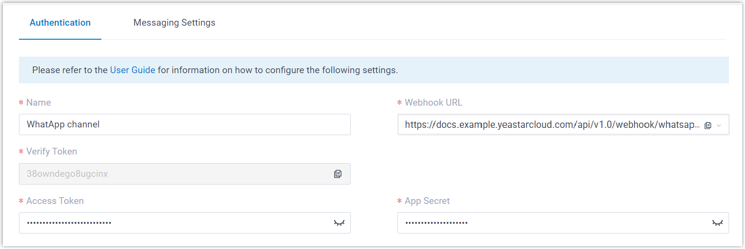Cloud Voice, WhatsApp channel Authentication tab with name, webhook, and token fields
