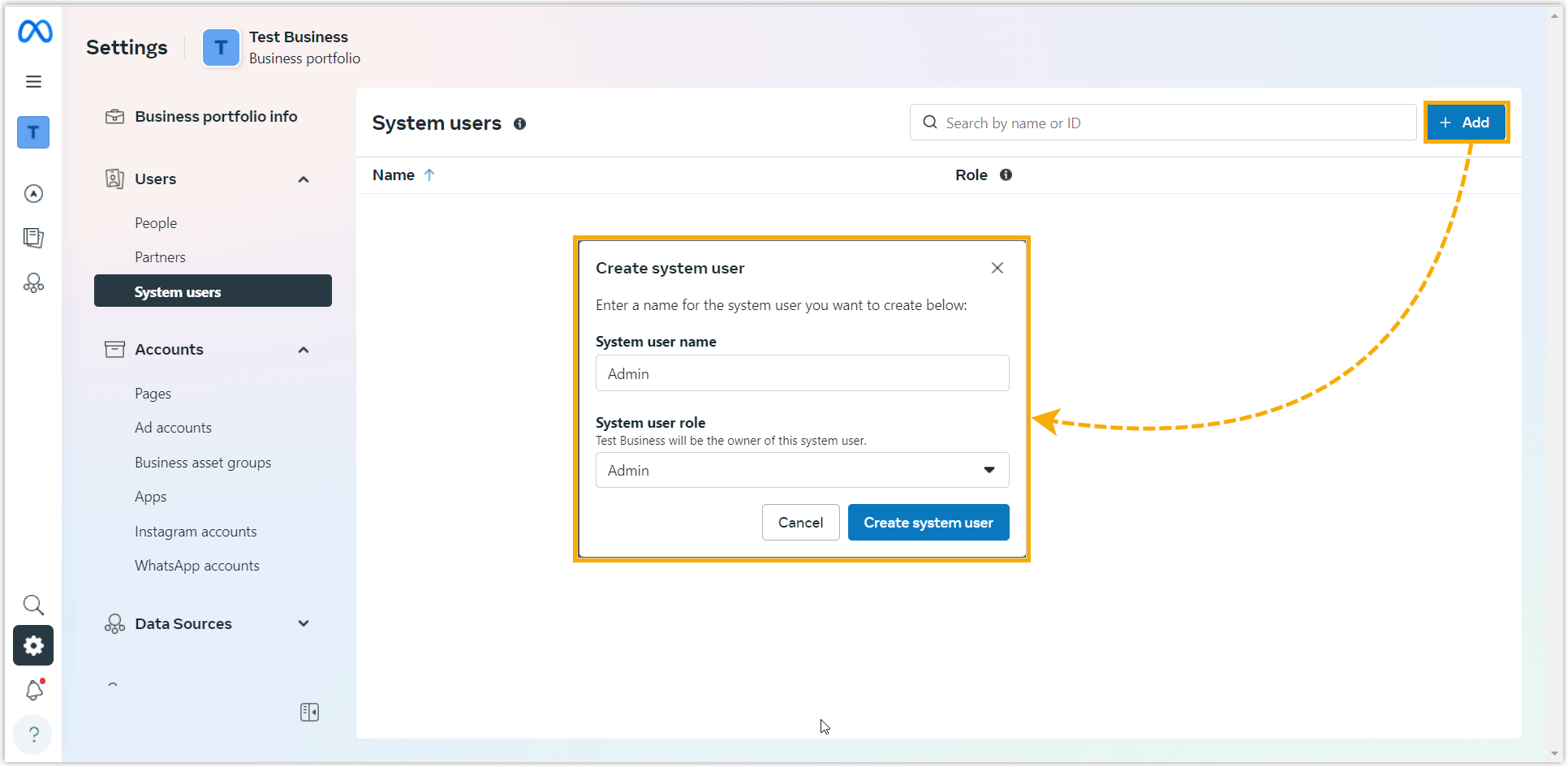 System users page with the Add dialog for a new admin user
