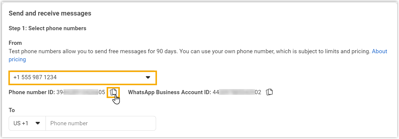 Selected phone number with its phone number ID displayed