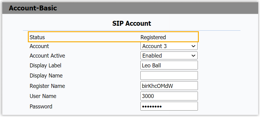 Wildix SIP account status showing the extension registered successfully