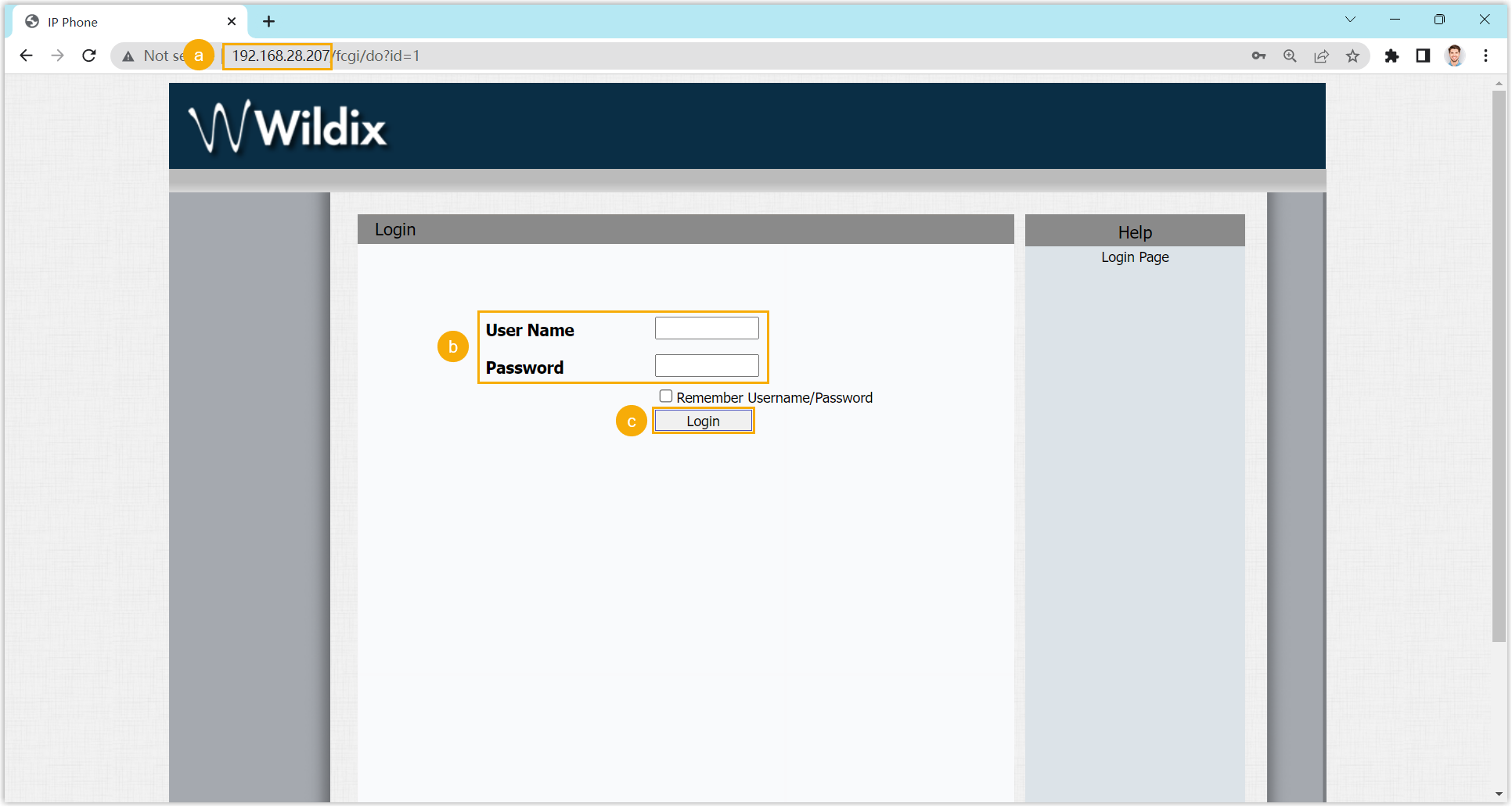 Signing in to the Wildix phone's web interface