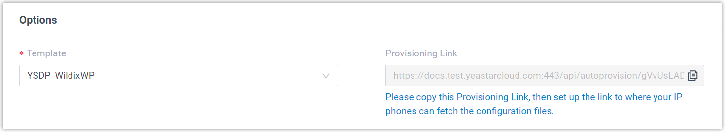 Cloud Voice, provisioning options for the Wildix handset, showing the template and the generated provisioning link