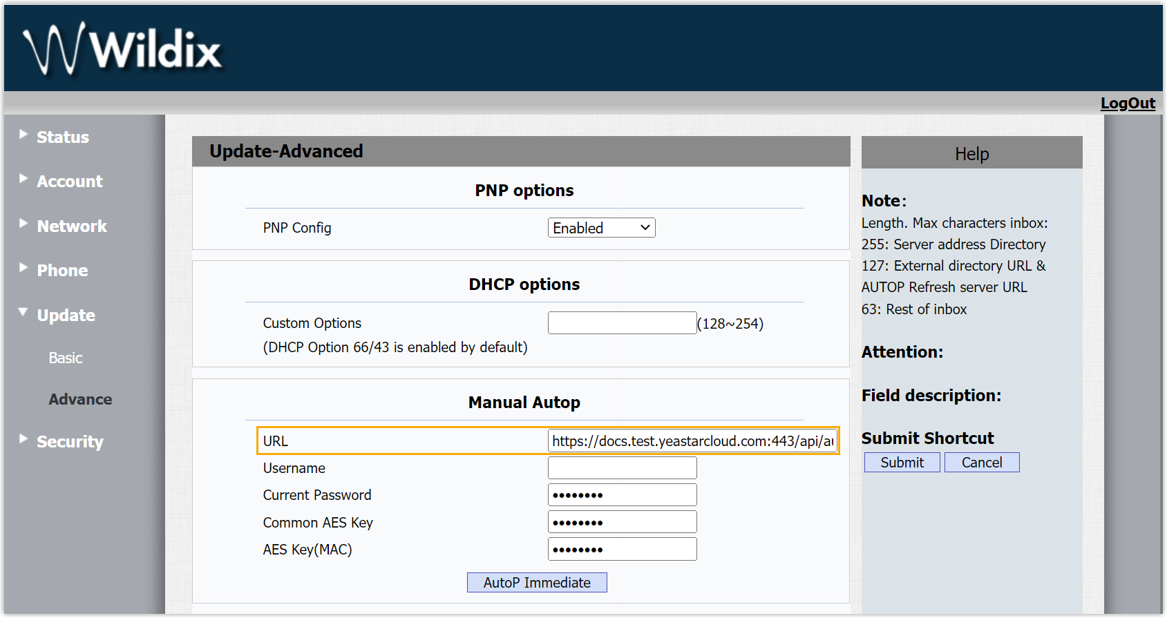 Cloud Voice, the provisioning link pasted into the phone's URL field