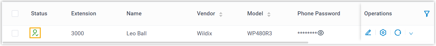 The Wildix phone listed as provisioned and registered in the Cloud Voice phone list