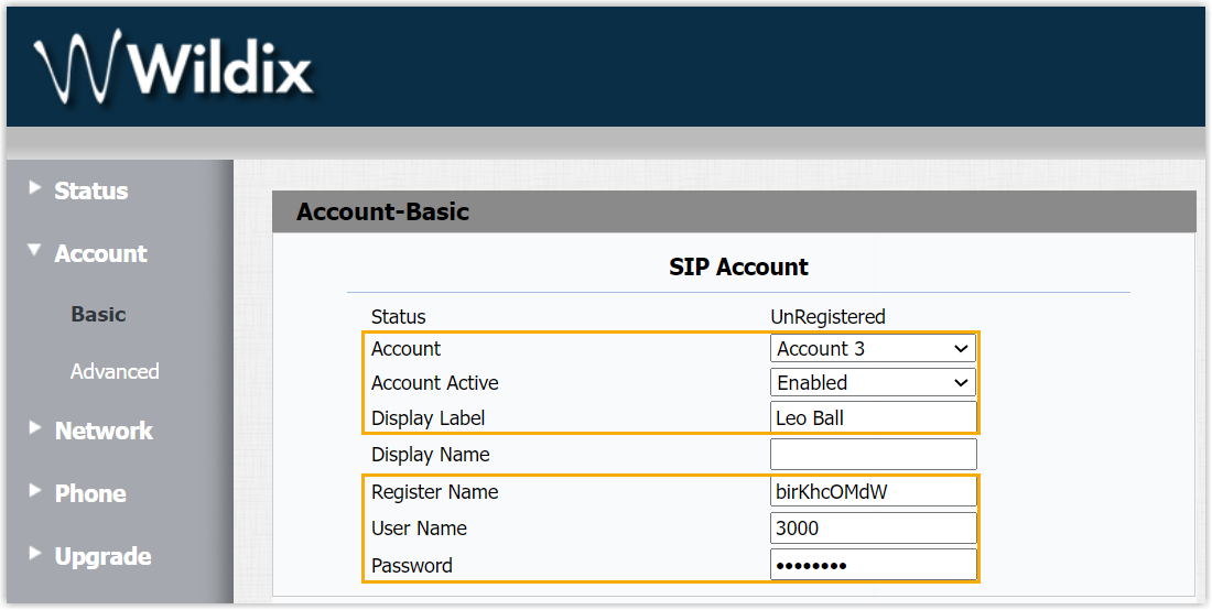 Wildix SIP account fields filled with the extension's credentials
