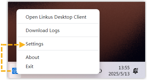 Cloud Voice, opening Settings from the Windows system tray menu