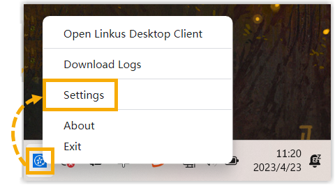 Cloud Voice, reaching Settings from the Windows system tray icon
