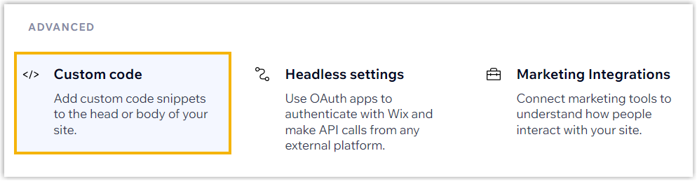Wix Settings page with the Custom code option under the Advanced section