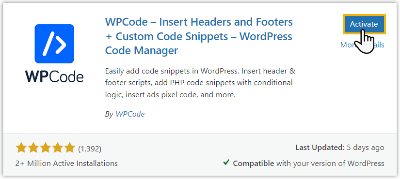 The WPCode plugin with its Activate button after installation