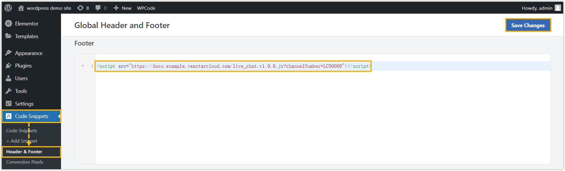 The WPCode Header & Footer page with the Footer text area