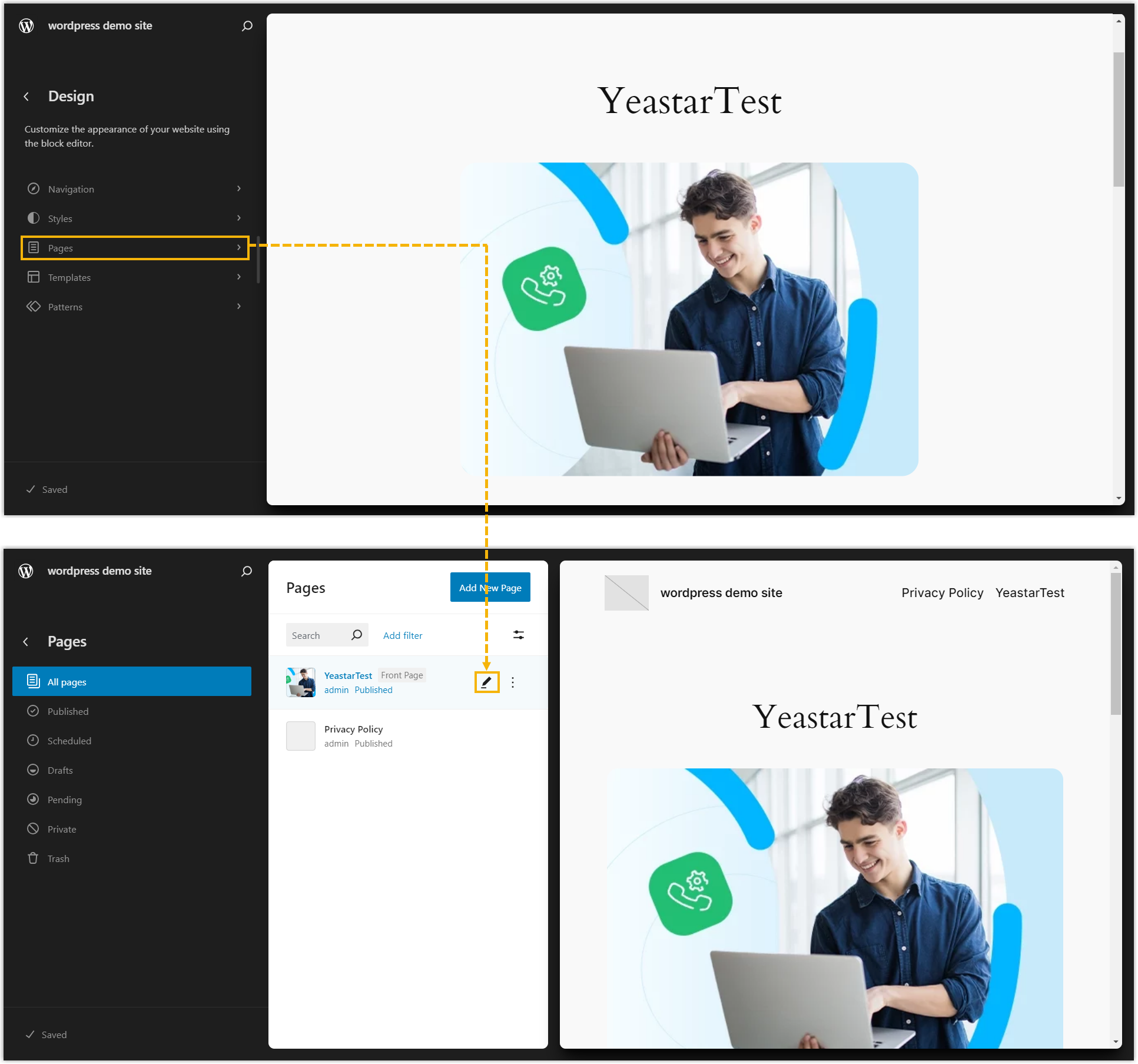 Cloud Voice, editing a page inside the WordPress Customizer