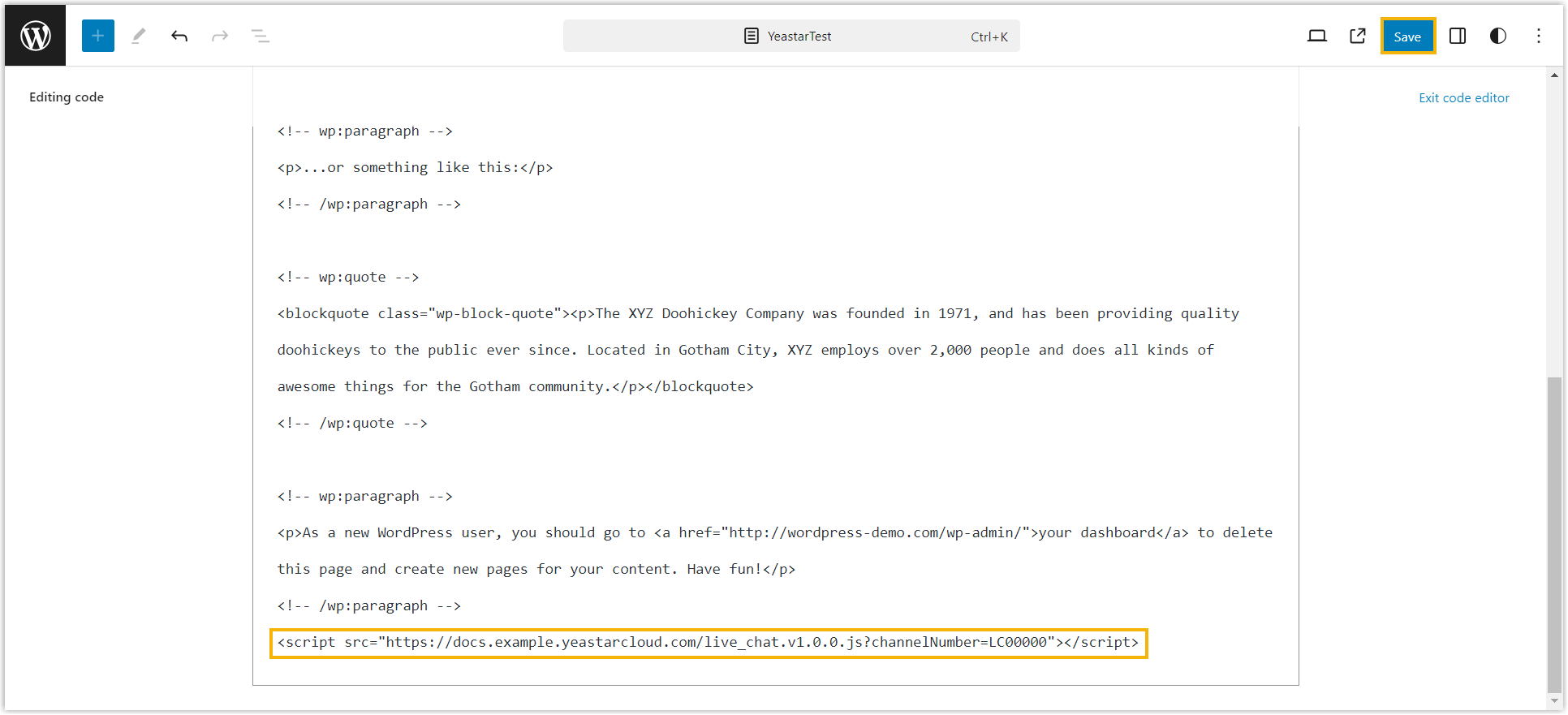 Cloud Voice, the Live Chat snippet pasted at the end of the page footer