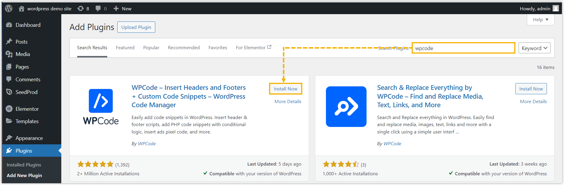Search results showing the WPCode plugin with the Install Now button