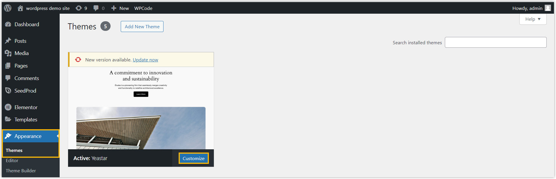 Cloud Voice, the WordPress Themes page with the Customize button on the active theme