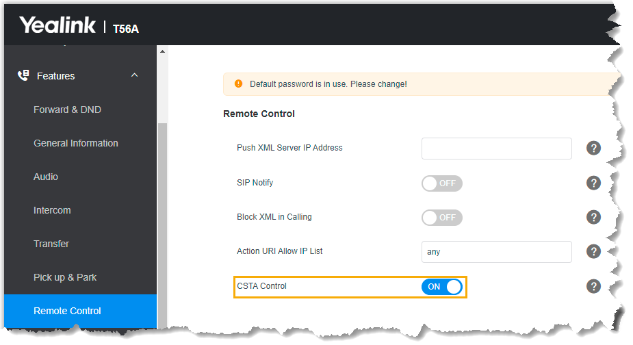 Remote Control page with the CSTA Control toggle switched on