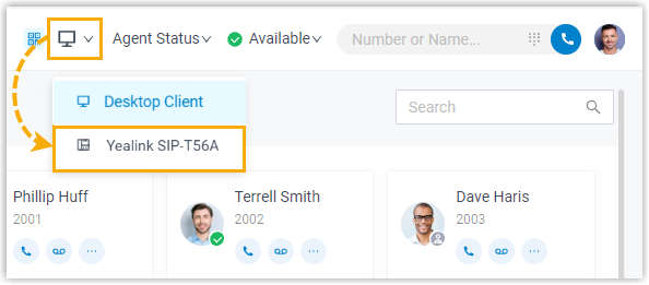 Selecting a paired Yealink phone from the CTI mode menu in the desktop app