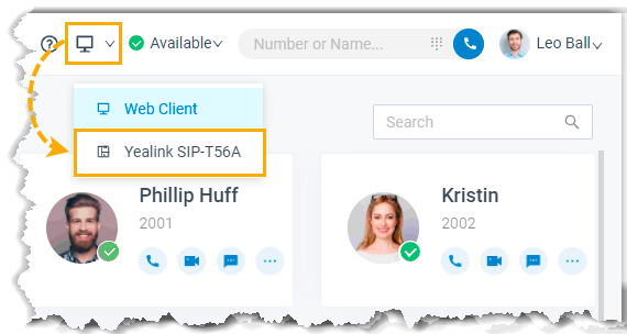 Drop-down list for selecting a connected Yealink phone to control in CTI mode