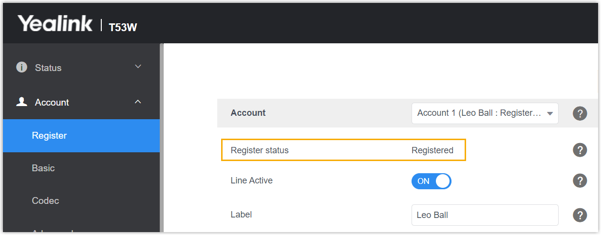 The Yealink account list showing the extension with a registered status
