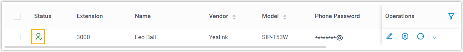 Phones list showing the Yealink device with a registered extension