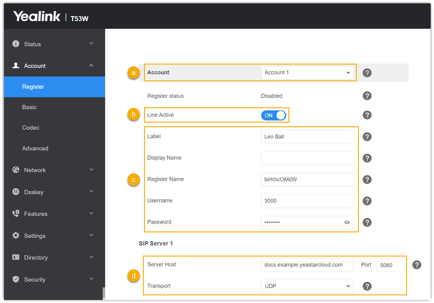 Cloud Voice, the Yealink Register page with the account, credential, and server fields filled in