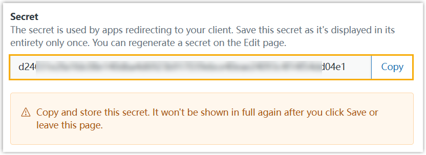OAuth client page showing the generated secret