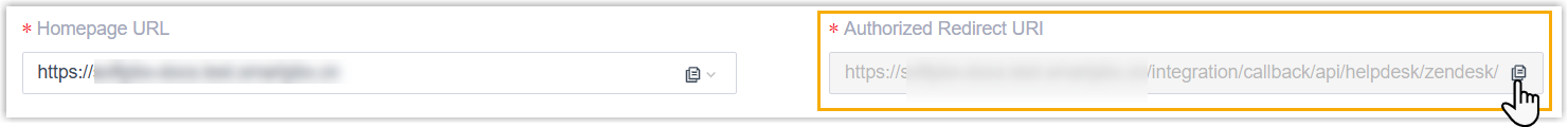 Zendesk authentication panel showing the redirect URI field