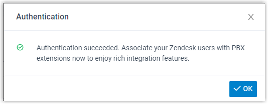 Pop-up confirming the Zendesk authorization succeeded