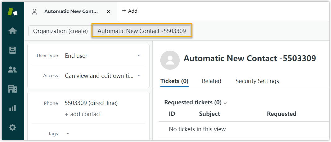 A new Zendesk contact generated from an unknown caller's number