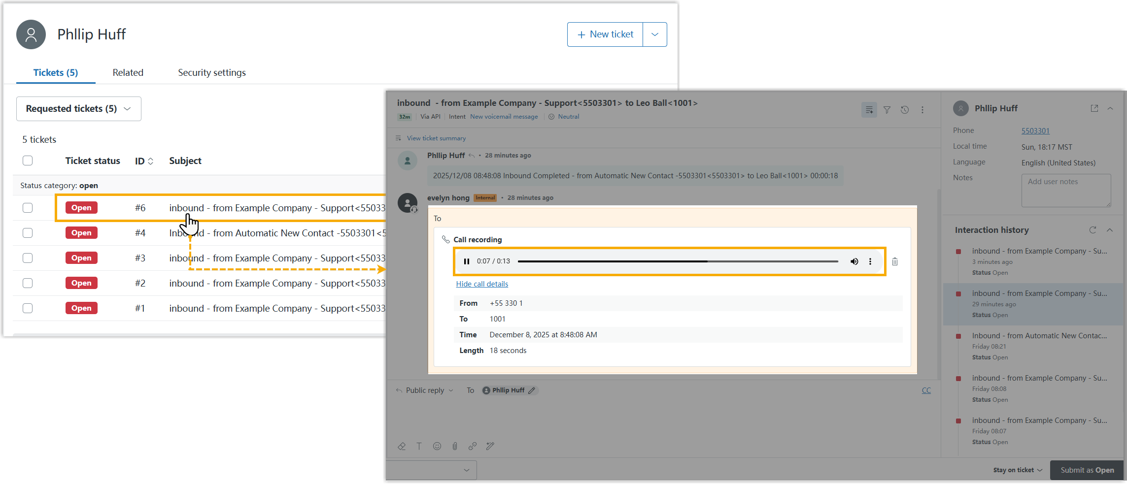 A call recording available for playback within a Zendesk ticket