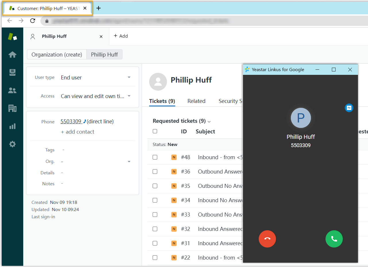 Cloud Voice, a Zendesk contact card opening on its own for an inbound call