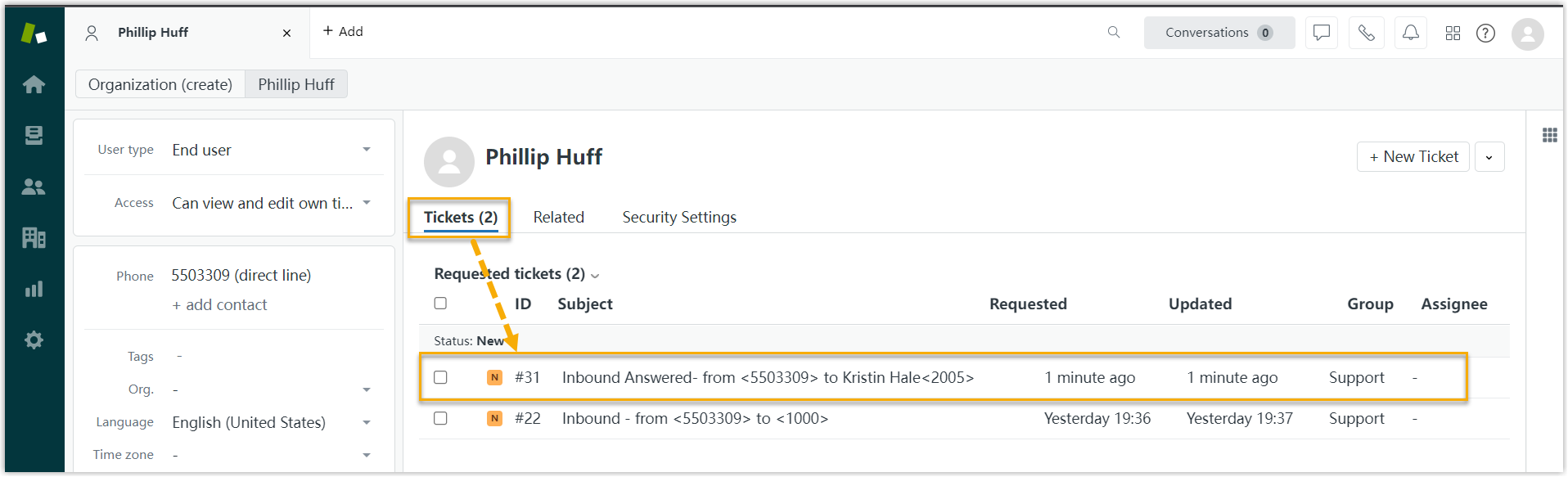 A support ticket created automatically from a call in Zendesk