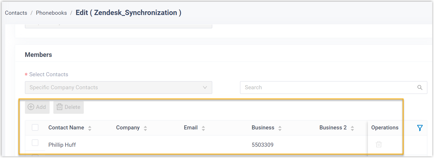 A Zendesk contact mirrored into a Cloud Voice phonebook