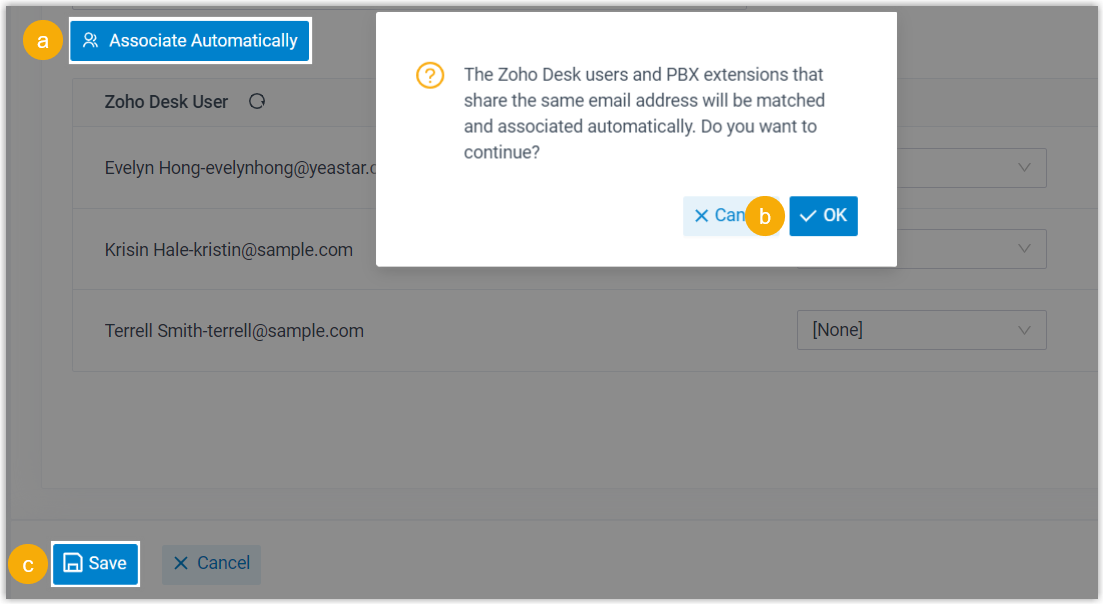 Automatic association of Zoho accounts and extensions by matching email