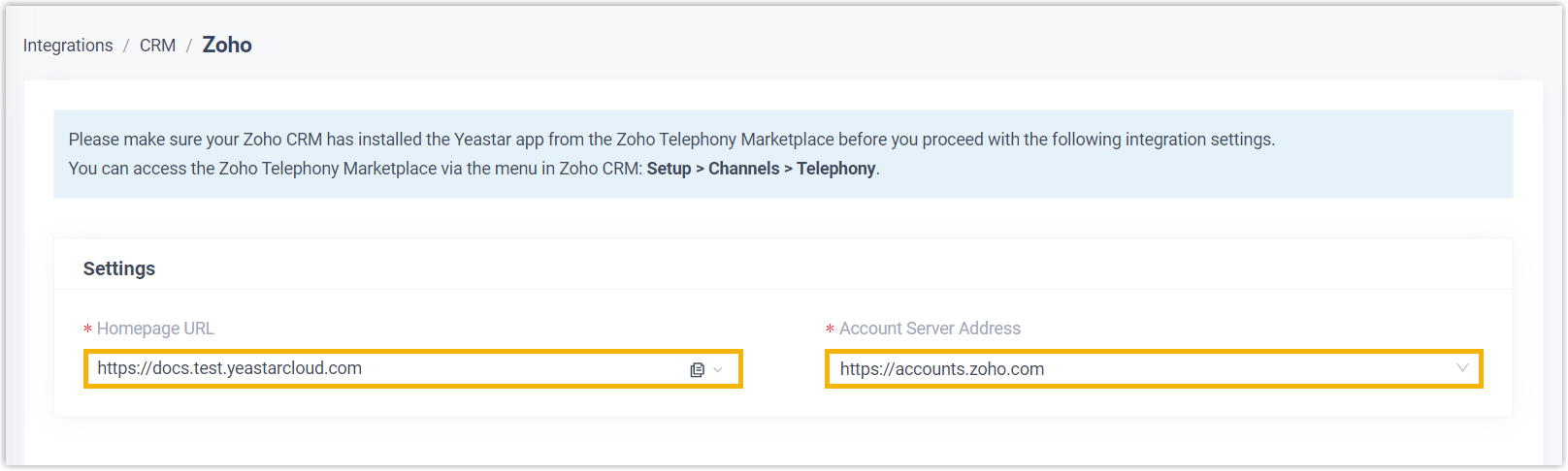 Cloud Voice, the Homepage URL and Account Server Address settings for Zoho