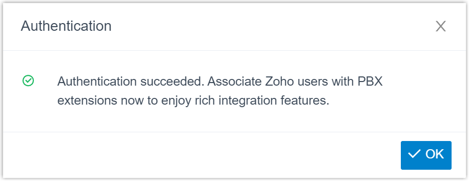 A window confirming that Zoho authentication succeeded