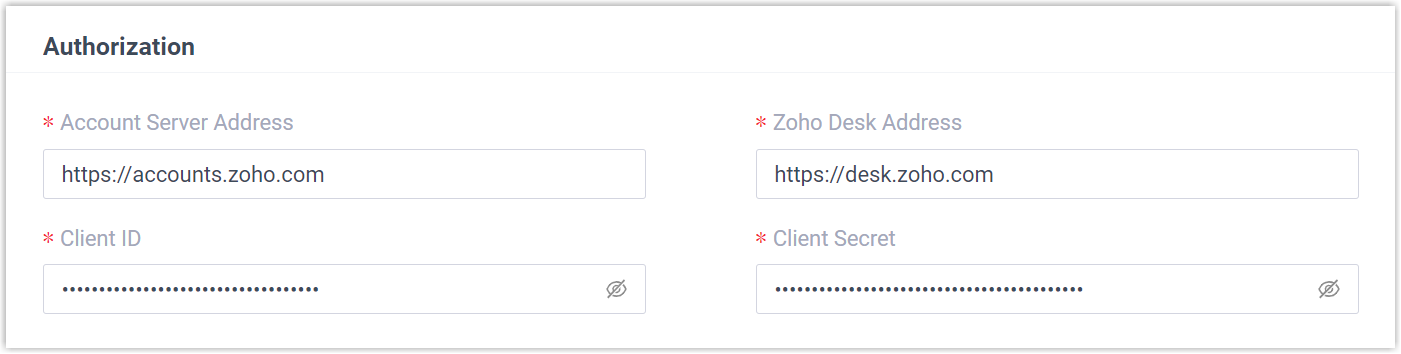 The Authorization section on the Zoho CRM integration page