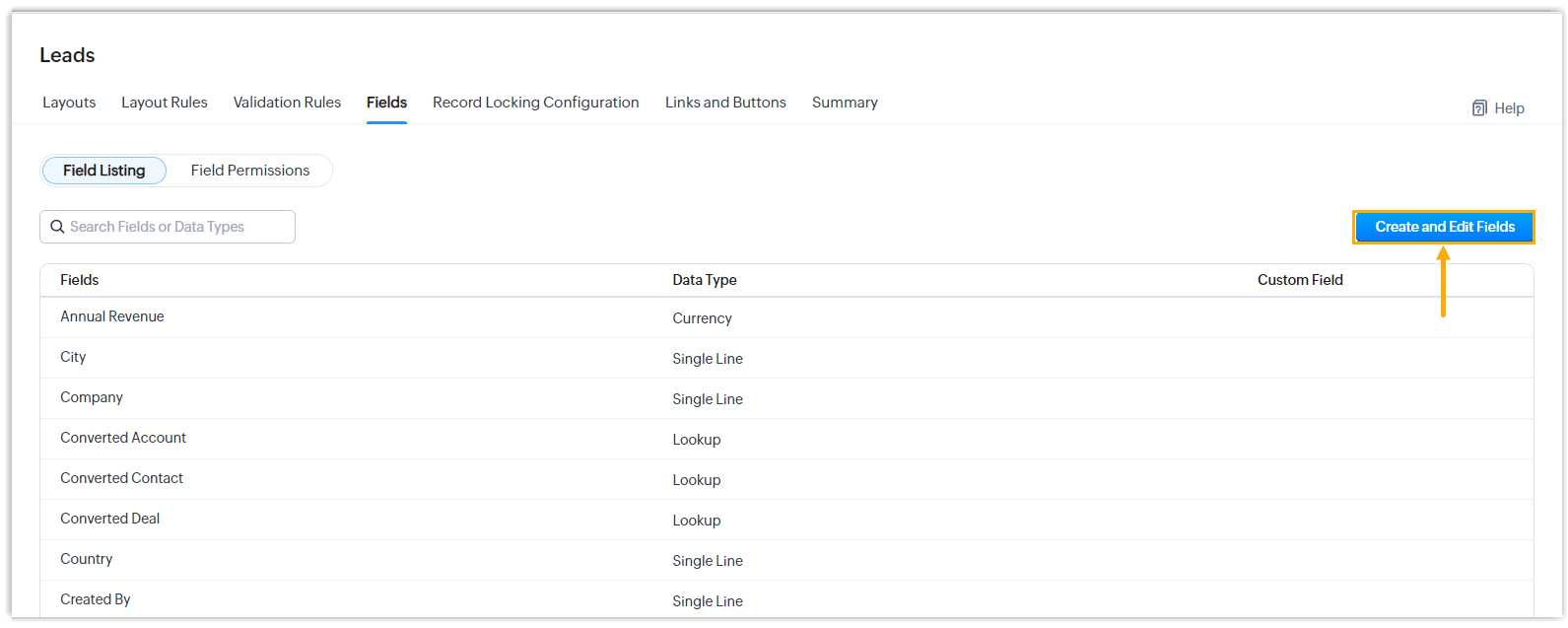 Create and Edit Fields button above the field list