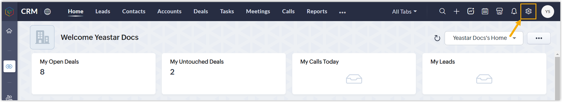 Cloud Voice, Zoho CRM settings menu opened from the top-right corner