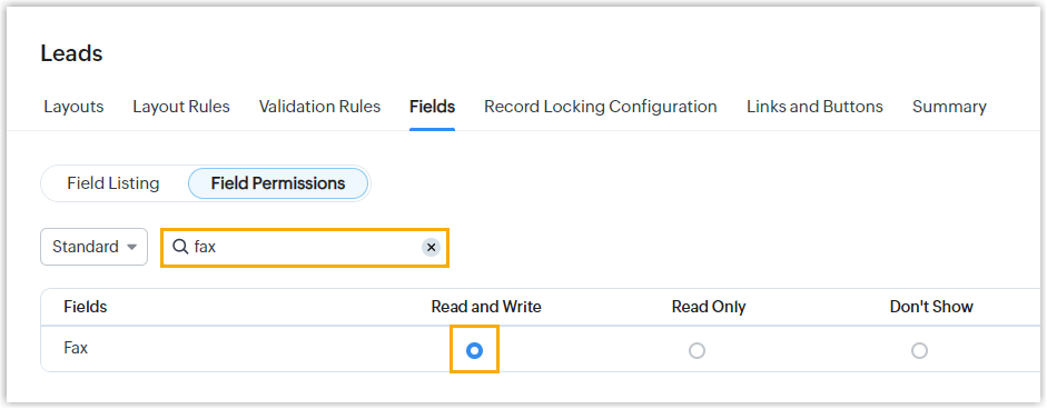 A field's permission set to Read and Write