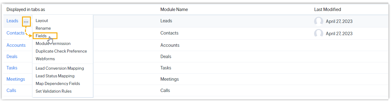 Fields option in the menu beside a module